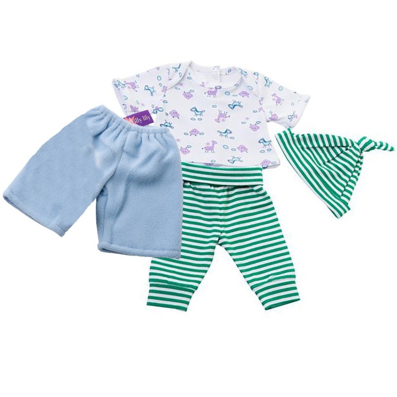 Three Piece Green Stripy Leggings Set with Blue Fleece Trousers